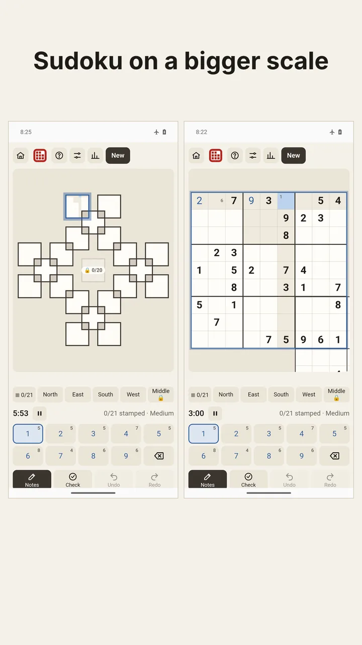 Development preview of the Android app: the Samusamu layout of 21 interlocking Sudoku grids, as an overview next to a zoomed-in grid.