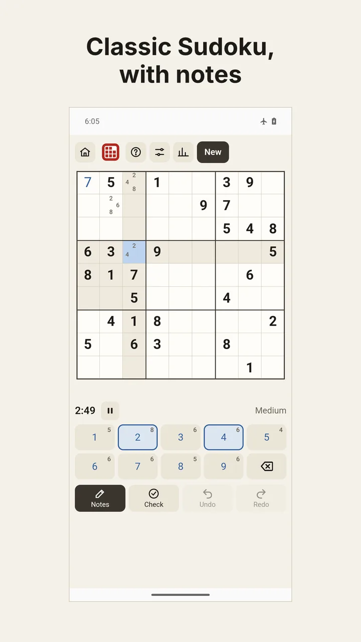 Development preview of the Android app: a classic 9 by 9 Sudoku with pencil notes.